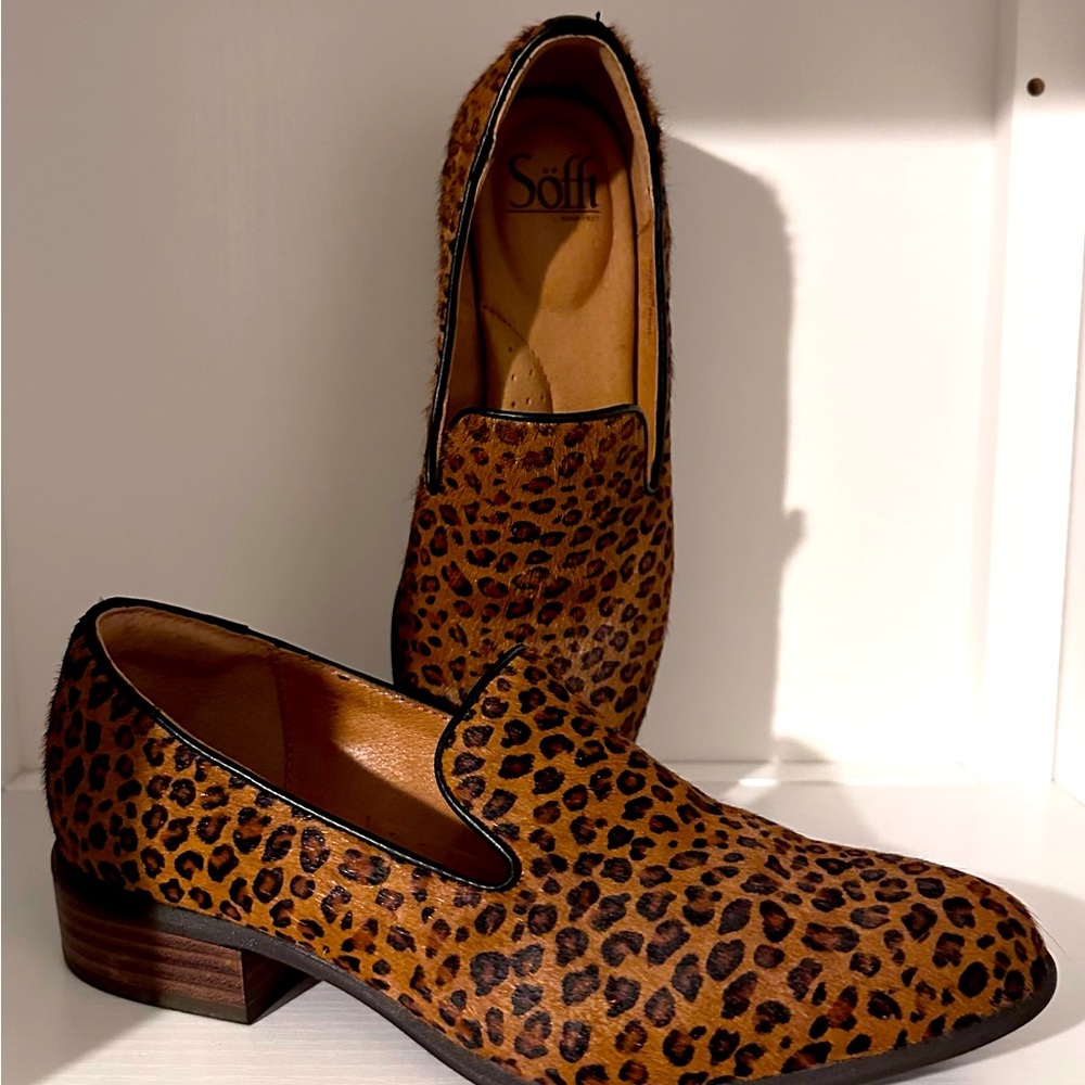 Söfft Severn Women's Size 7.M Mini Leopard Calf Hair Loafers Cognac NIB